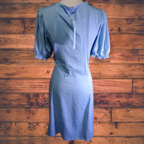 Light Blue Fitted Mini Dress w/Puff Sleeves - Picture 2 of 6
